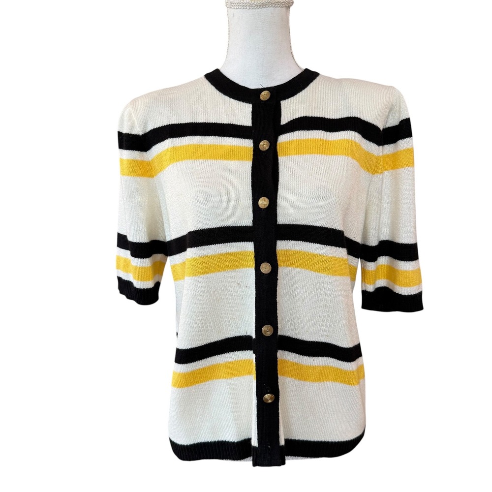 Vivanti Vintage Striped Short Sleeve Cardigan Sweater White Black Yellow Size 14